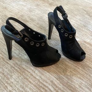 4 inch black suede stiletto sling back peep toe heels